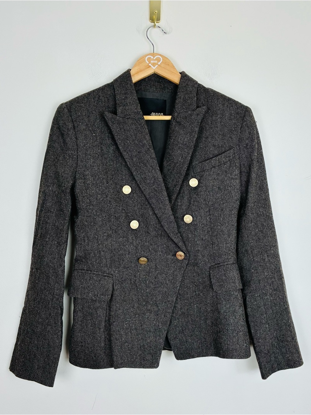 Olivii wool blend gold button double breasted look blazer. Size Small.